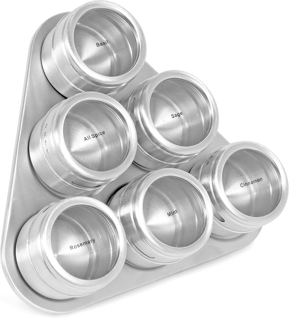 Internet's Best Triangle Magnetic Spice Rack - 6 Jars - Round Storage Spice Rack Set - Clear Sift and Pour Lid - Stainless Steel
