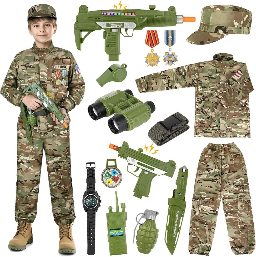GIFTINBOX Army Costume for Kids, 15PCS Soldier Military Costume Dress Up Role Play Set with Army Accessories, Halloween Costumes for Boys  Halloween Birthday Gift for Kid (Green, M)