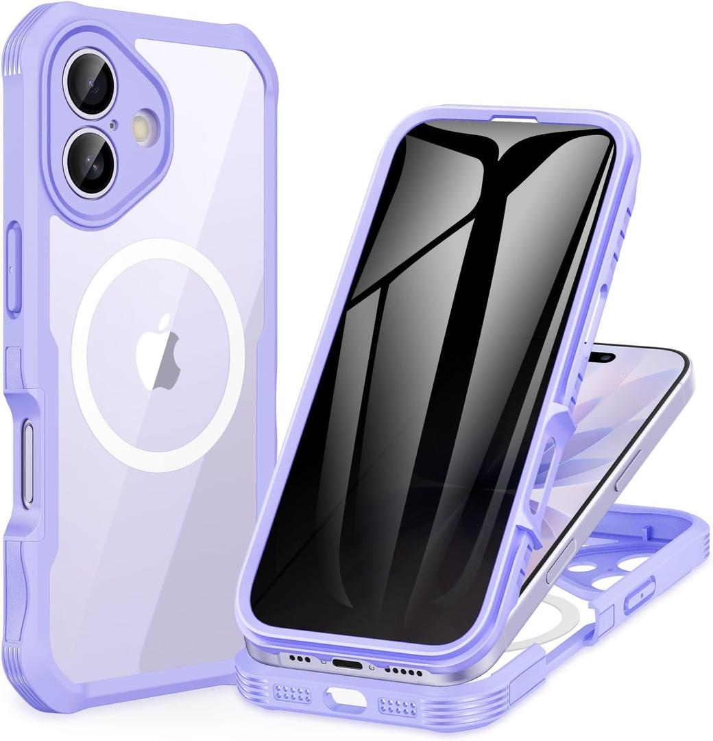 CENHUFO Magnetic Privacy for iPhone 17 Case [Compatible with Magsafe] Full Body Phone Case Built-in 9H Tempered Glass Screen Protector Camera Protection Shockproof Bumper Cover -Light Purple