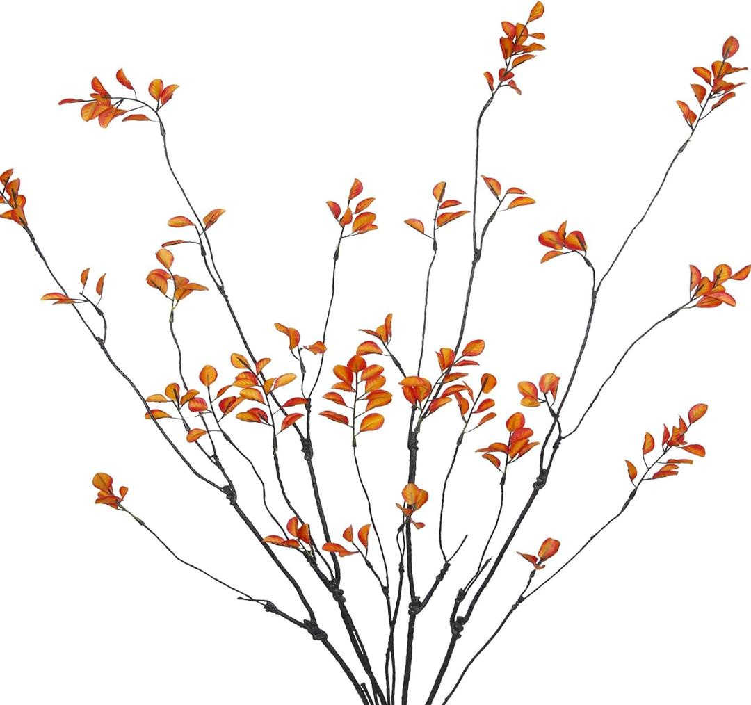 4 Pcs Artificial Greenery Stems Plants 35.4" Faux Branches for Vase Filler Fake Ficus Twig Plants Orange Leaves for Home Office Party Wedding Shop Autumn Fall Decoration