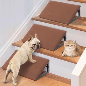 Dog Ramps for Stair - Pet Steps Stairs for Staircase with Anti-Slip Bottom Suitable for Small Cats, 3 Packs Extra Wide Metal Frame Dog Ramp for Injured and Older Pets (Brown) (Large)