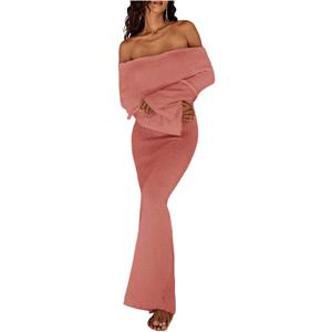 SOLY HUX Women's Off The Shoulder Long Sleeve Sweater Dress Party Formal Bodycon Maxi Dresses, Size S (Plain Pink)