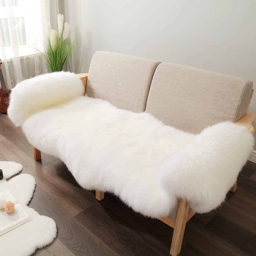 Premium Genuine Fur Sheepskin Rug Real Australia Sheepskin Natural Luxury Fluffy Lambskin Fur Area Rug Seat Covers for Kids Bedroom Sofa Chair Cover (Creamy White, Double Pelt/2ft x 6ft)
