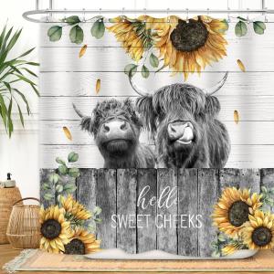 Farmhouse Highland Cow Shower Curtain Sunflower Funny Cattle Farm Western Wooden Fence Rustic Country Home Bathroom Decor Waterproof Fabric 72Lx72W Inch with 12PCS Hooks