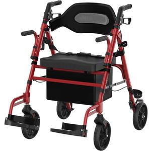 Walkers for Seniors with Seat, Extra Wide 2 in 1 Rollator Walker & Transport Chair with Reversible Backrest & Detachable Footrests, Foldable Wheelchair Combo with 8" Anti-Slip PU Wheels, Red