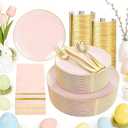 NOCCUR 350PCS Pink Plates Disposable - Pink Gold Plastic Dinnerware Set for 50 Guests Include 100 Dinner/Dessert Plates,150 Cutlery,50 Cups&50 Napkins - Ideal for Party/Wedding/Easter Day