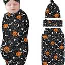 Halloween Swaddle Blankets Newborn Receiving Blanket Baby Swaddle Wrap with Headband Hat Set for Baby Girls Boys (One Size)
