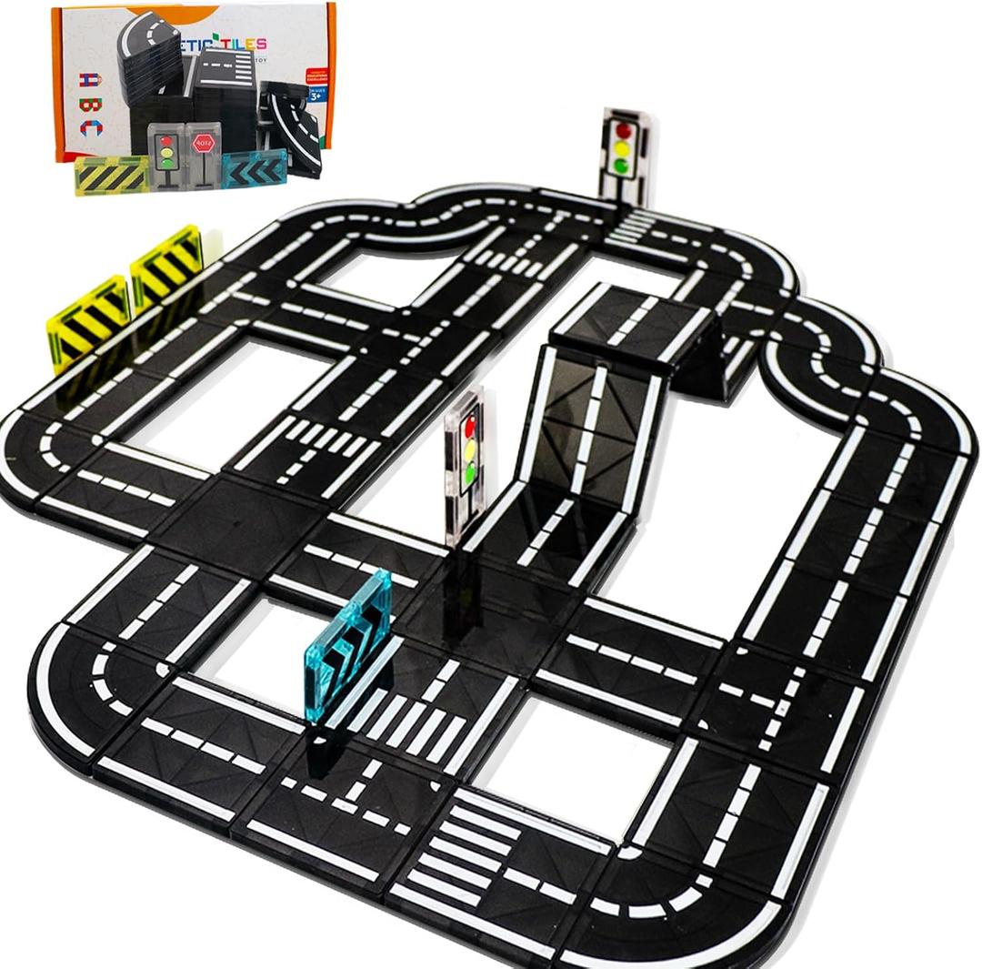 Magnetic Tiles Road Set, Magnet Tiles for Kids Ages 3-5 4-8 5-7, Magnetic Building Blocks Montessori Educational STEM Creativity Toys 3+ Year Old Boys & Girls Toddlers Kids Christmas Birthday Gifts