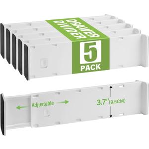 5 Pack Drawer Dividers 3.7" High Slim Organizers Expandable 14.8-25.6" Adjustable Separators for Shallow Drawers Kitchen Utensils Baby Clothes Underwear Storage-White (Long)