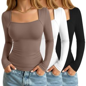 3 Pack Women's Square Neck Long Sleeve Tops, Double Lined Slim Fit Shirts Basic Trendy Going Out T Shirts, Earth Brown, White, Black, Small