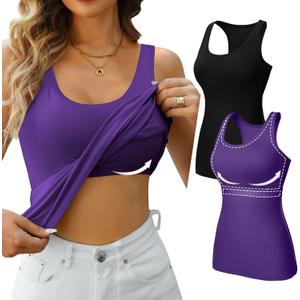 V FOR CITY Tank Tops with Built in Bras for Women Racerback Slim Fit Cami Basic Yoga Undershirts 2 Pack Black/Purple XL