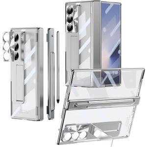 for Samsung Galaxy Z Fold 6 Case with S Pen Holder & Slim Stylus, [Two Hinge Cover] All-inclusive Crystal Clear Case with Kickstand Screen Protector Pen Slot Protective Cover for Z Fold6 Silver