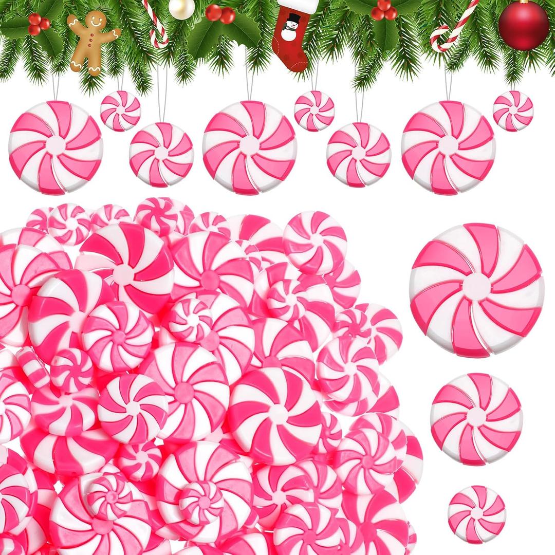 Syhood 120 Pcs Fake Candy Christmas Decorations Peppermint Candy Decorations Christmas Tree Hanging Ornament for Holiday Party DIY Crafts(Pink,1'' 1.4'' 1.8'',Round)