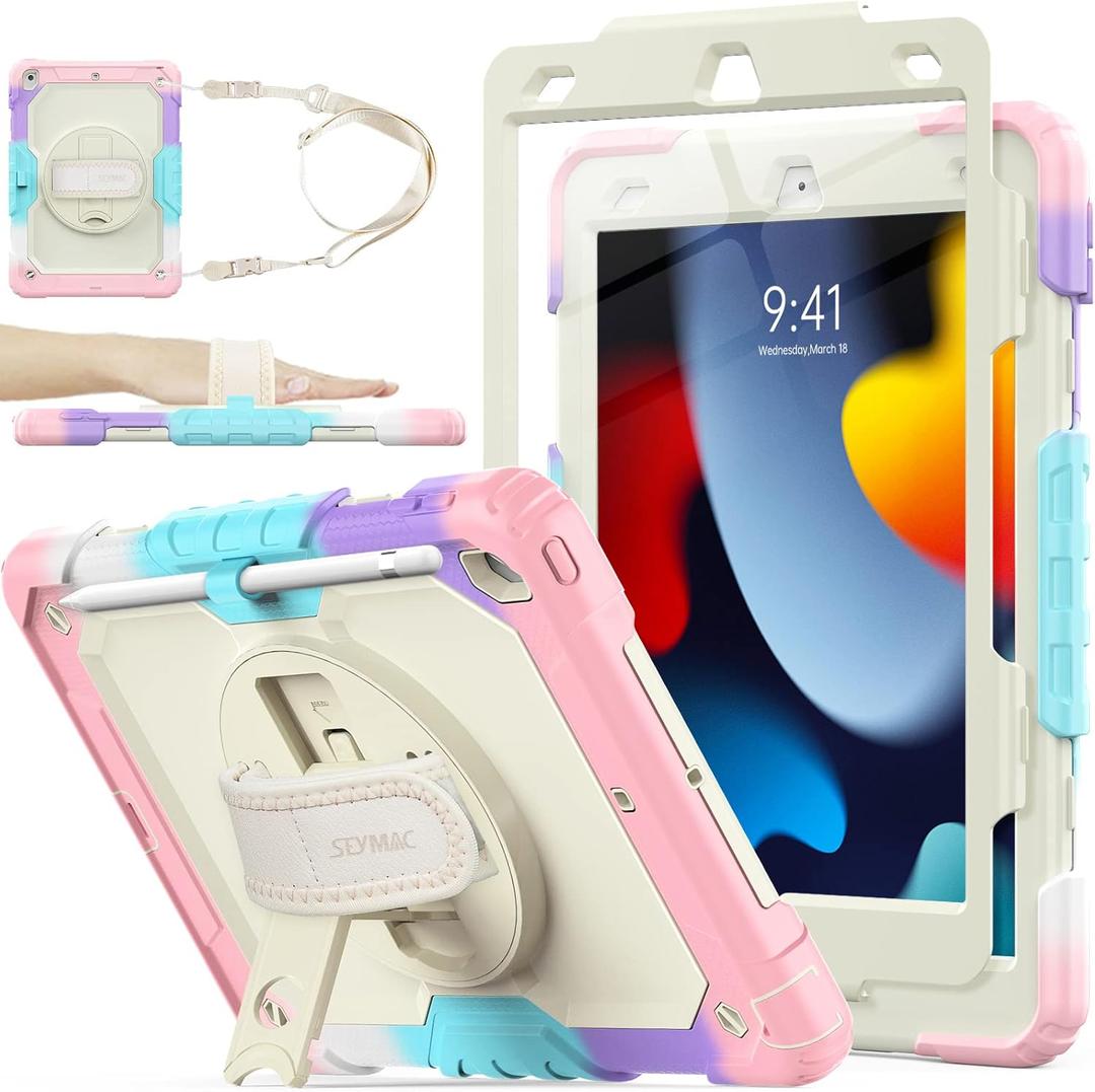 SEYMAC stock Case for iPad 9th/ 8th/ 7th Generation 10.2'', Shockproof with Screen Protector, Pencil Holder [360 Rotating Hand Strap] & Stand, for iPad 10.2 inch 2021-2019 (Yellowish+Pink)