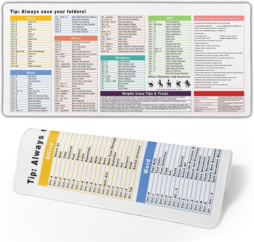 Excel Cheat Sheet Desk Pad Extended XL Office Keyboard Mat (31.5" x 11.8") Inch, 3mm Thick Excel Shortcuts Mouse Pad, Stitched Edges Non-Slip Base (D Colored White excel)