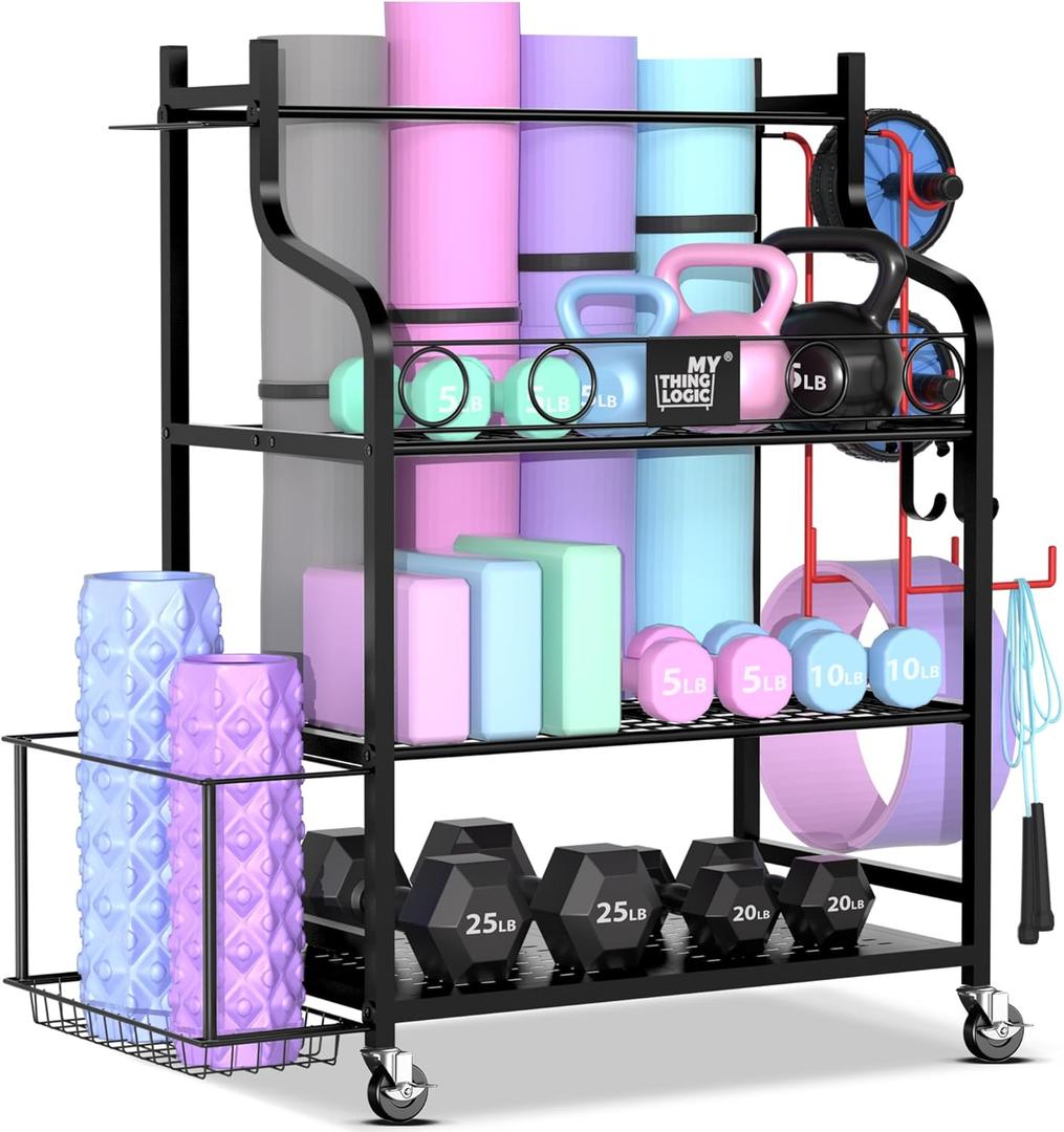 Mythinglogic Yoga Mat Storage Racks,Home Gym Storage Rack for Dumbbells Kettlebells Foam Roller, Yoga Strap and Resistance Bands, Workout Equipment Storage Organizer With Hooks and Wheels (Black)