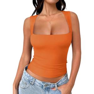 REORIA Butsmooth Women's Square Neck Going Out Crop Tops Double Lined Cute Basic Tank Tops 2026 Clothes (Orange, XXL)