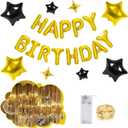 CANREVEL Happy Birthday Banner 13pcs 16 Inch Mylar Foil Letters Sign with 8pcs Star Balloons & LED Lights Birthday Party Decorations for Kids and Adults - 3D Gold