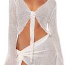 Women's 2 Pieces Outfits Mesh Perspective Suit Swimming Beach Long Sleeve Crop Top and Mini Skirt Set (Medium, White)