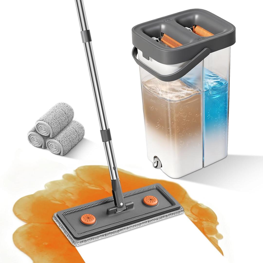 MUEE Mop and Bucket with Wringer Set for Home, Flat Mop and Bucket Set for Floor Cleaning and Window Wall Cleaner, Wet and Dry Mop with Long Handle and 3 Microfiber Pads