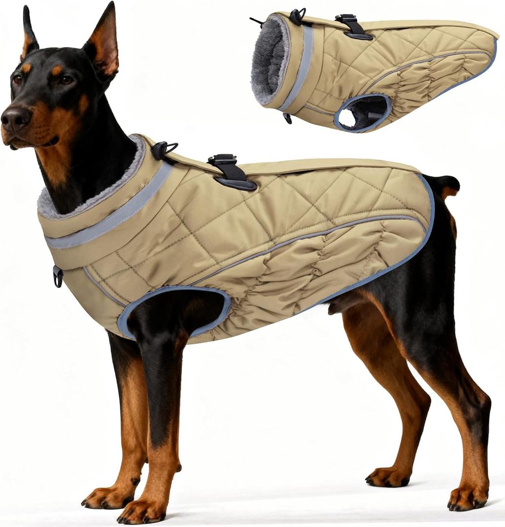 Dog Coat, Warm Dog Winter Coat for Large Dogs, Waterproof Jacket with Harness Built in, Reflective Turtleneck Cold Weather Coats with Zipper,Pet Fleece Vest Snow Jacket, Brown XXXL