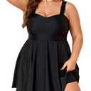 Smismivo Plus Size Swimsuit for Women Tummy Control One Piece Bathing Suit Vintage Retro Slimming Swimdress Modest Full Coverage Padded Push Up Boy Shorts Skirt Dress Swimwear (Black), Size: 4XL