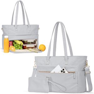 Lunch Tote Bag with Insulated Compartment & 15.6" Laptop Sleeve, Womens Water-Resistant Work Bag for Office with a Purse & Crossbody Strap, Gray