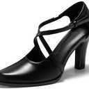 Coutgo Womens Chunky High Heels Dress Shoes Closed Pointed Toe Cross Strap Buckle Pumps Vintage D'Orsay Party Shoes, Black, Size 7
