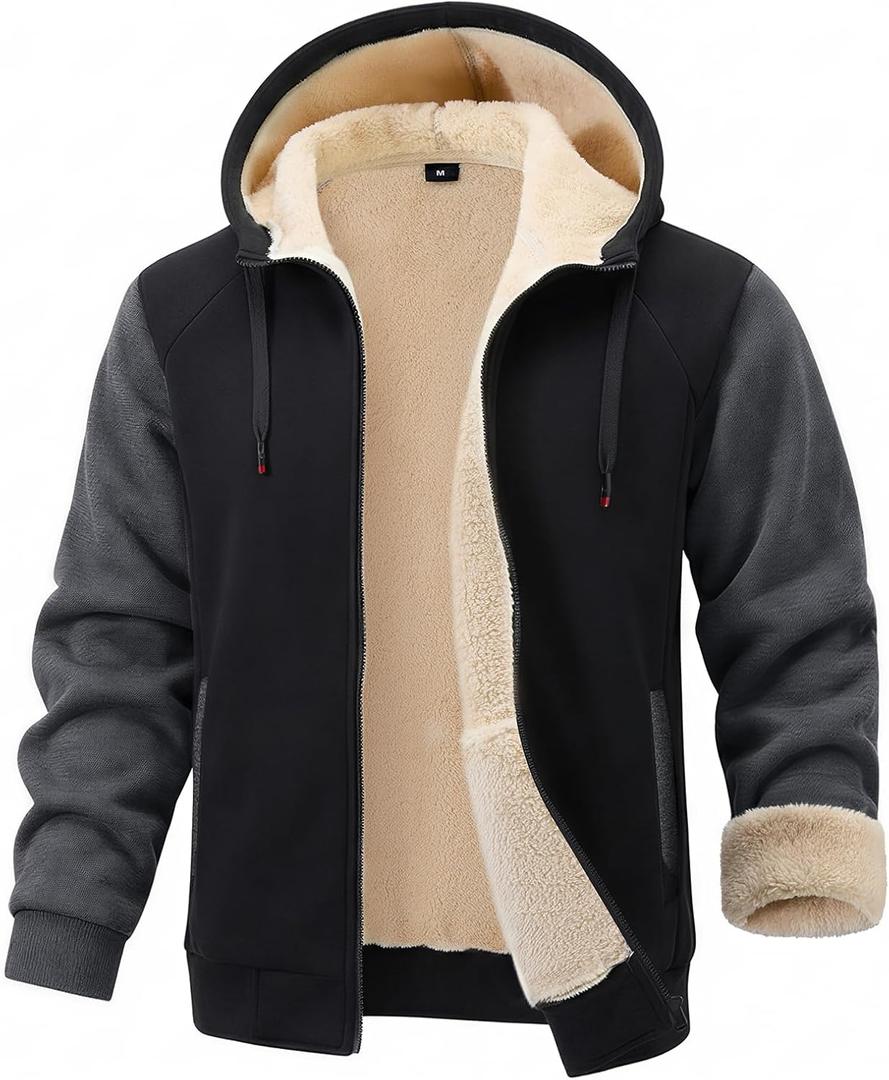 Gihuo Mens Sherpa Hoodies Zip Up Fleece Lined Sweatshirt Hooded Winter Warm Jacket (Large, Black-Grey)