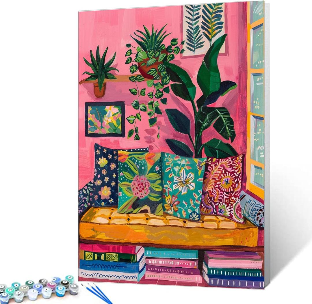 Bohemian Paint by Numbers Kits for Adult Beginners pink Background Paint by Numbers books Painting Acrylic Pigment Kits Abstract Watercolor Perfect for Gift Home Wall Decor DIY Framed 16x20 Inch