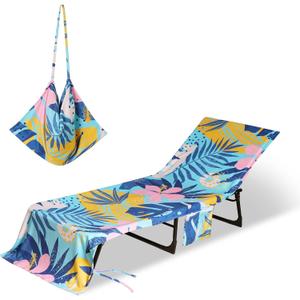 Beach Lounge Chair Towel Cover,Soft Microfiber Chaise Lounge Towel Cover Patio Pool Chairs Cover with Side Pockets,80" x 26" Chair Cover for Beach/Pool Sunbathing (Palm Leaves)
