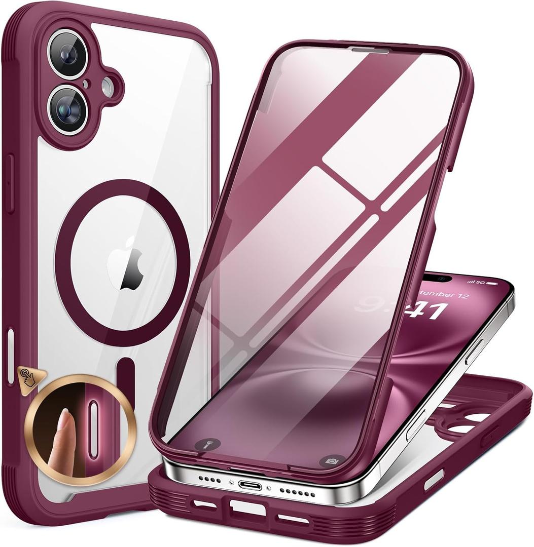 Miracase for iPhone 16 Case 6.1'', [Bubble Free] Full-Body Bumper Phone case with Built-in Full Glass Screen &Lens Protector,No Gap,Compatible with MagSafe,Drop Proof 16 Cover, Plum