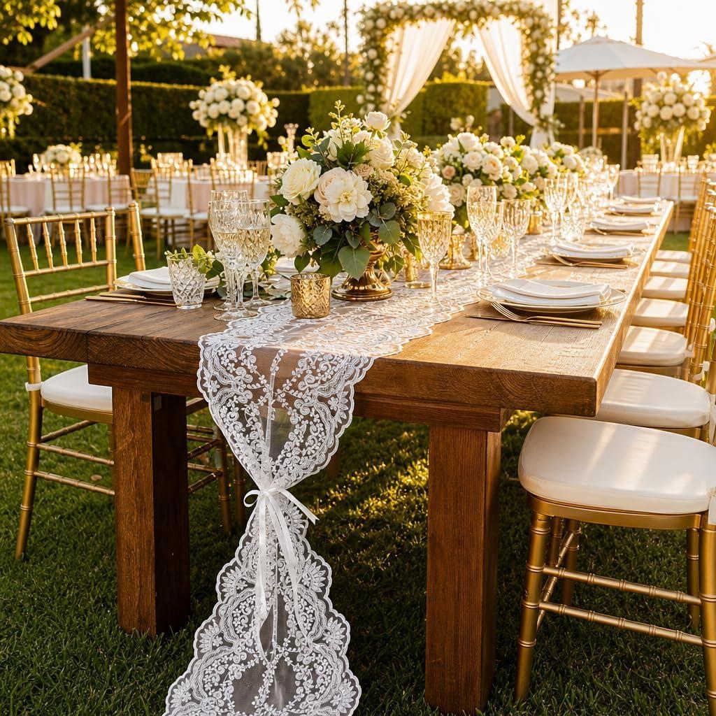 ARTABLE White Wedding Table Runner Imitation Lace Elegant Pattern Suitable for Wedding Party Bridal Shower Decorations Vintage Rustic Table Runners (Offwhite-1, 12 x 120'' 3PCS Set)