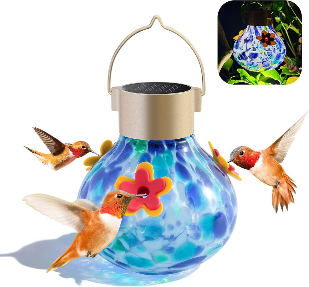 Hummingbird Feeder with Solar Light, Outdoor Glass Hummingbird Feeder, Auto-Lighting Solar Lamp for Garden Decor, 3 Feeding Ports Attract More Birds, Waterproof Design, Ideal Gift (Blue)