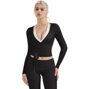 SUUKSESS Women Pilates Wrap Workout Cropped Top Ribbed Long Sleeve V Neck Tie Front Ballet Yoga Shrug Blouse (X-Small, Black)