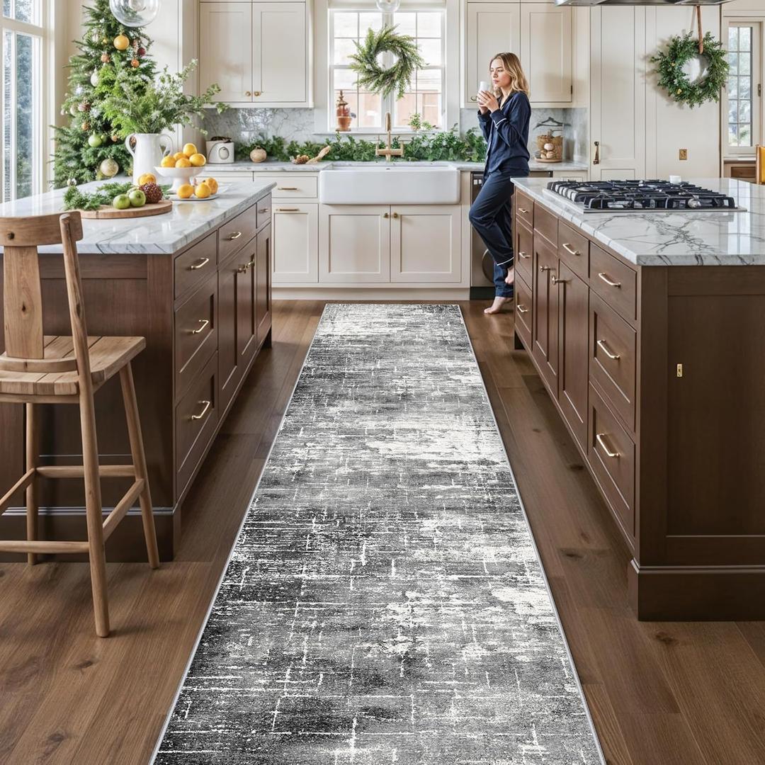 Abstract 14ft Long Runner Rug: Non-Slip Washable Rug Runner Low-Pile Soft Beside Carpet Indoor Farmhouse Entryway Floor Mat Bathroom Living Room Cozy Stain Resistant Area Rugs(2'6x14,Black/Grey)