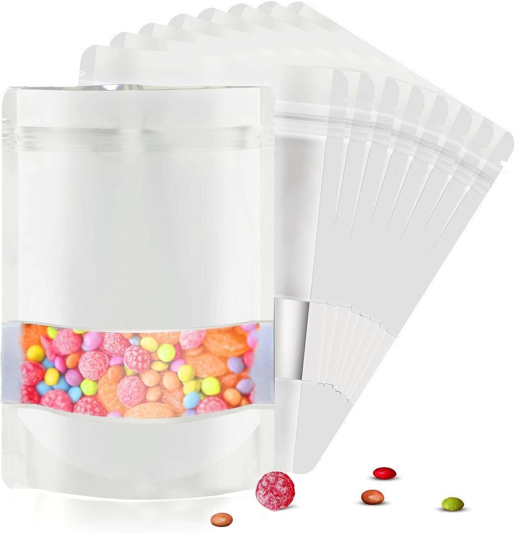 5.5"x7.8" 120pcs Mylar Bags for Food Storage,Smell Proof Bag with Matte Window Resealable Food Storage Bags for Small Business, Stand-up Foil Pouch Packaging Freeze Dried Candy BagWhite