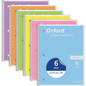 Oxford Spiral Notebooks, 6 Pack, 1 Subject, Wide Ruled Notebooks for School, 8 x 10.5 Inches, 70 Sheets, Assorted Pastel Colors, Back to School Supplies (63757)