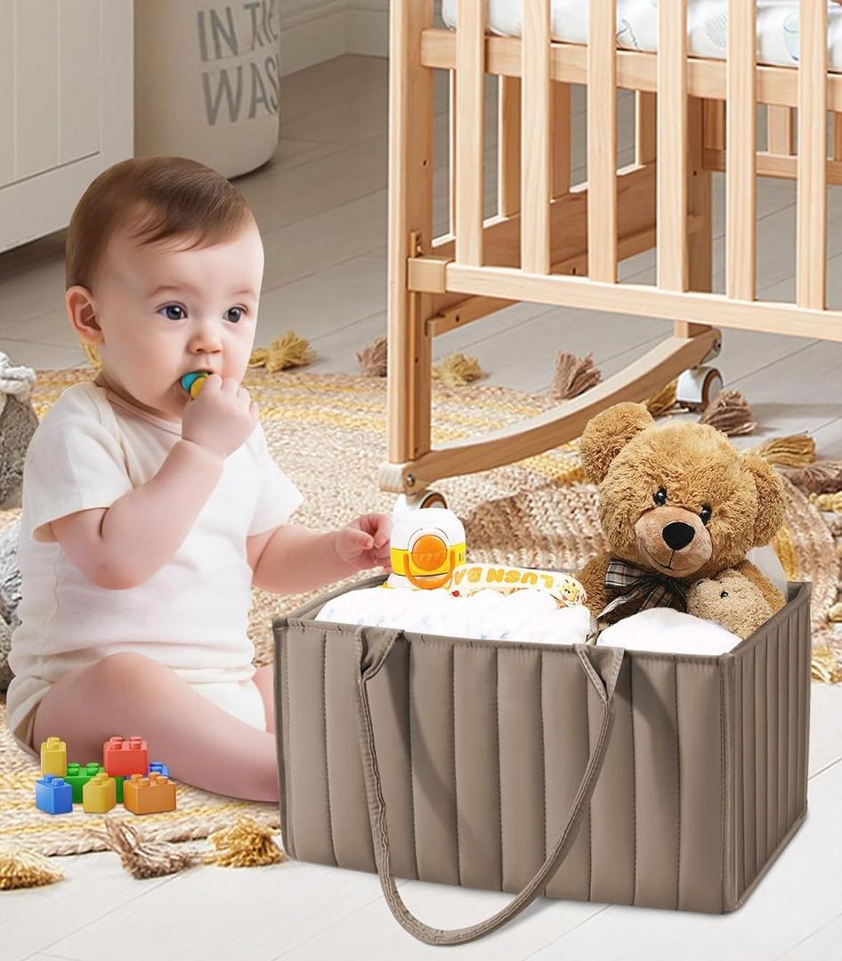 SWEET DOLPHIN Quilted Diaper Caddy Organizer – Premium Puffer Style Nursery Storage Bins – Water-Resistant & Wipeable Changing Table Organizer – Trendy Tote for Home & Car Travel - Mocha Brown