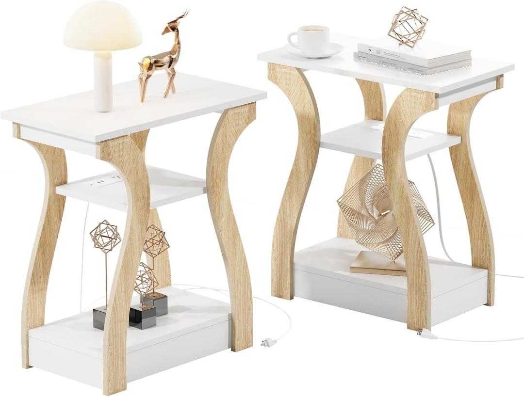FROMJBEST End Table Set of 2 with Charging Station, Side Table with USB Ports and Outlets, Nightstand, 3 Tier End Table with Storage Shelf for Living Room, Bedroom (White, Set of 2)