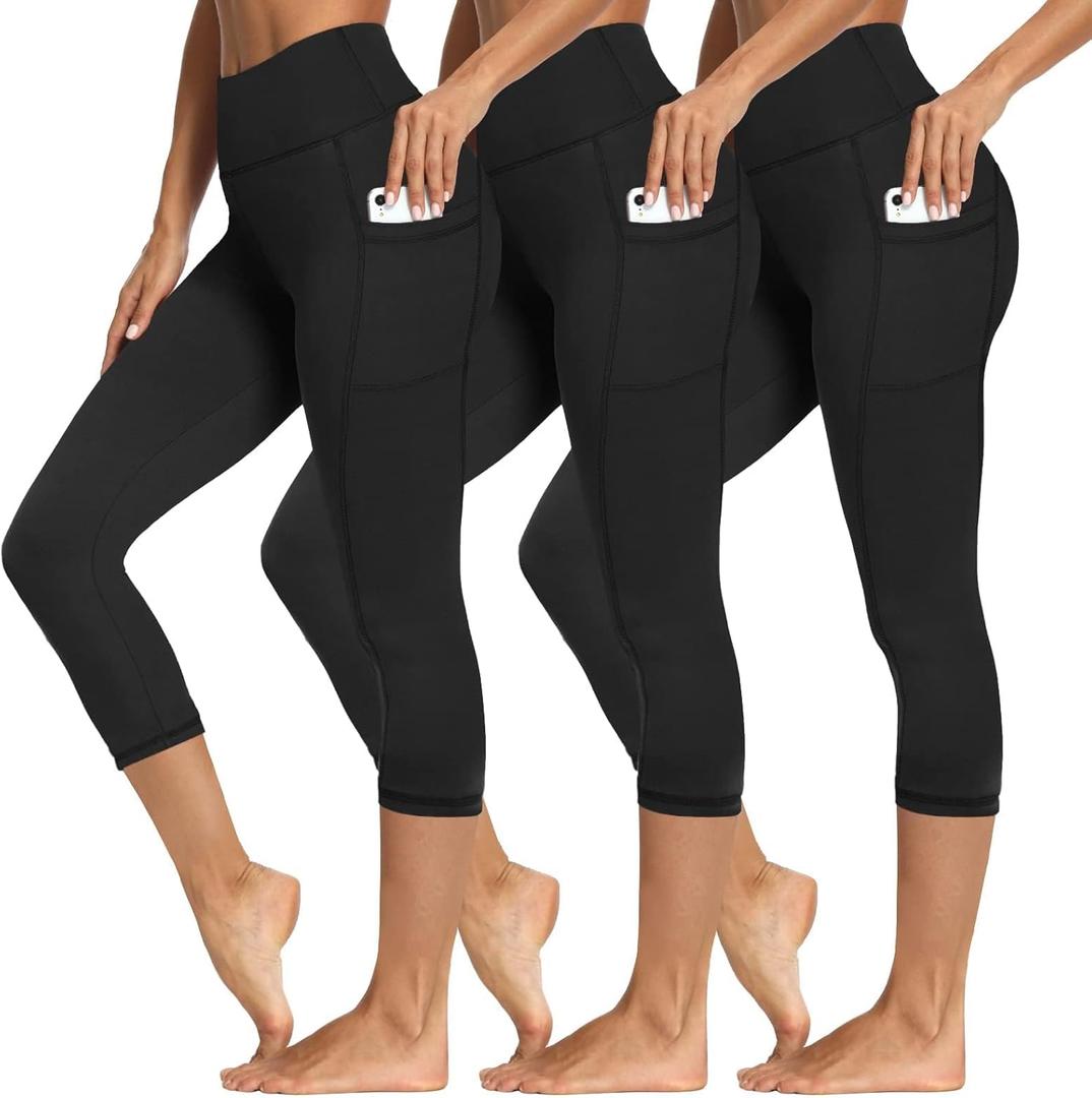 Syrinx 3 Packs Leggings with Pockets for Women, Soft High Waisted Tummy Control Workout Yoga Pants for Gym & Daily Wear (Black, S)