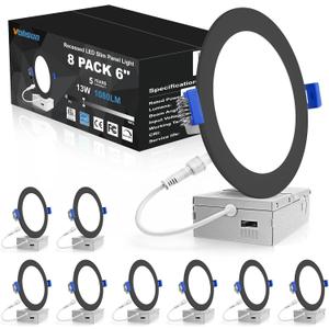 VOLISUN 8 Pack 6 inch Recessed Lighting, 5CCT LED Recessed Light Black, 2700K-5000K Selectable, 13W Eqv 120W, 1080LM Dimmable Canless Wafer Downlight, LED Ceiling Light ETL Certificated