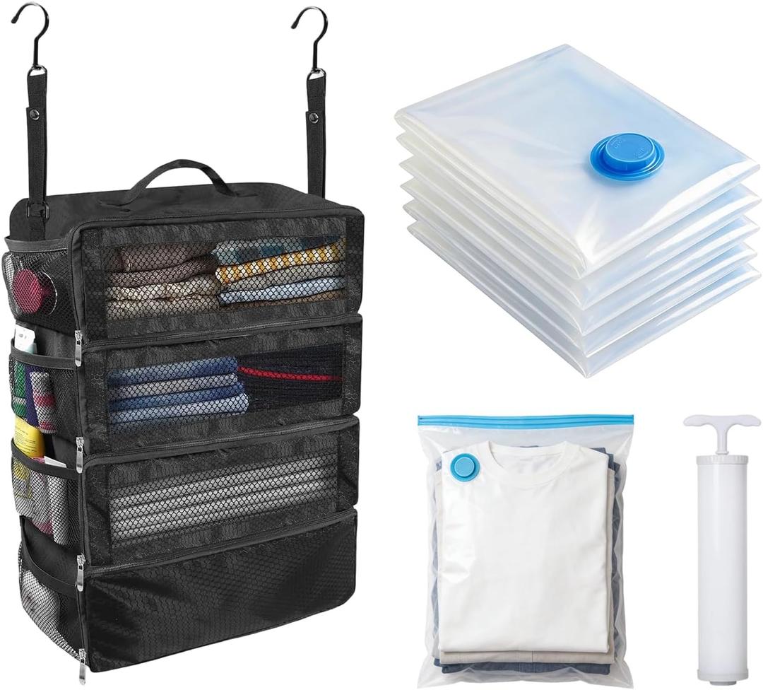 Suitcase Organizer, Travel Luggage Organizer Portable Hanging Travel Shelves Collapsible Hanging Packing Cubes for Carry on Suitcase with 5 Medium Vacuum Storage Bags and Hand Pump,Black
