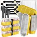 100 Pack Mini Loaf Pans with Lids and Spoons, 6.8oz Mini Cake Pans for Baking, Disposable Rectangle Aluminum Foil Small Loaf Baking Pans Cake Tins, Individual Small Cake Containers with Sticker, Gold