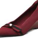 NEWBELLA Women's Bow Wedge Heels - Simple Knit Slip-On Pumps Pointed Toe, Comfortable Office Work Shoes with Block Heel