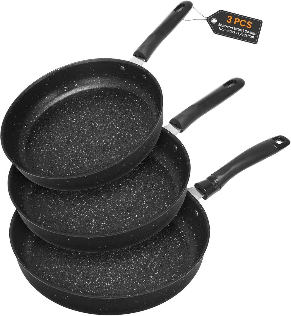 Nonstick Frying Pan Skillet 3 Piece Set, Stone Coating Cookware, 9, 10 & 11 Inches Egg Omelette Pan with Heat-Resistant Handle, PFOA Free,Induction Compatible