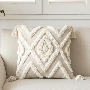 IKATYARN Woven Tufted Boho Throw Pillow Cover, Cream Modern Decorative Geometric Cushion, Farmhouse Tribal Pillowcase for Couch Sofa Bedroom Living Room, Off White (Style B With Tassels)