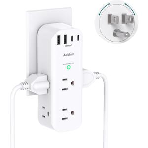 Surge Protector Wall Outlet Extender, Multi Plug Outlet with Rotating Plug, 6 AC Outlets 4 USB Ports (2 USB C), 1800J, 3-Side Power Strip Wall Mount, Outlet Splitter for College Dorm Travel Essentials (White)