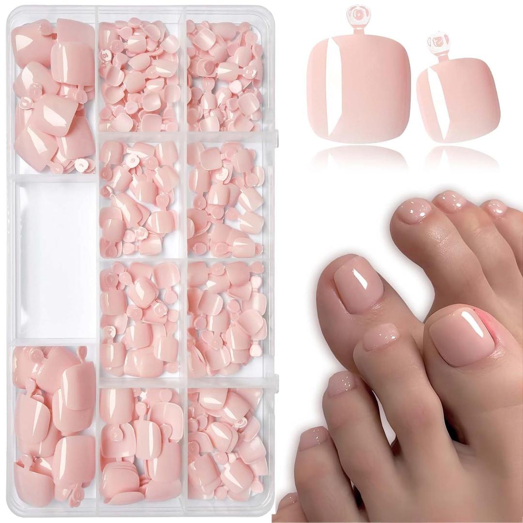 LoveOurHome 240pc Nude Press on Toenails Women Fake Toe Nails with Glue Tab, Nude Tan Fake Toenails Press on Toes Nails Glue on Toenail Acrylic Toe Nail Tips Gel Artificial False Stick Toenail Tip