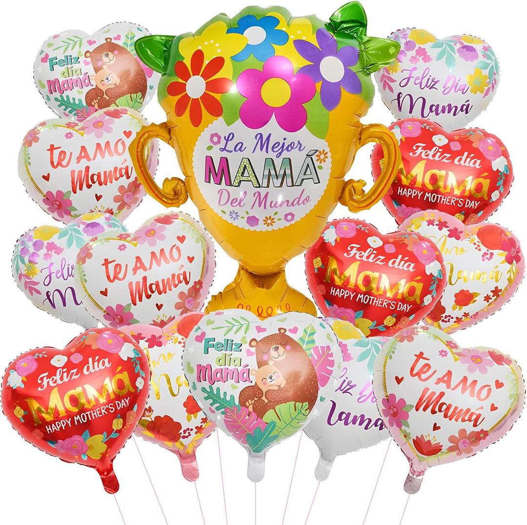 21 PCS Happy Mother's Day Aluminum Foil Heart Balloons 18 inch Feliz Dia Mama Heart Balloons for Mom, Grandma, Birthday Mother's Day Party Decorations Supplies